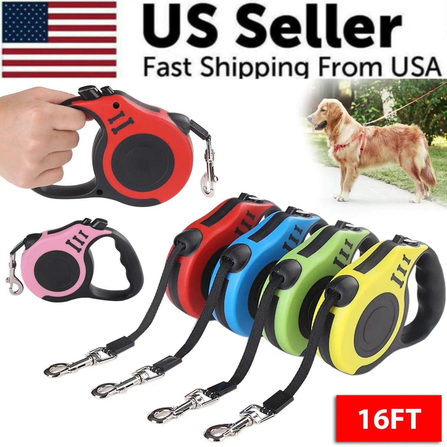 16.5' Automatic Retractable Dog Leash Pet Collar